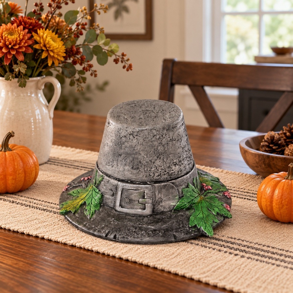 Ceramic Pilgrims Hat Centerpiece Faux Pewter Leaves Berries Autumn Thanksgiving